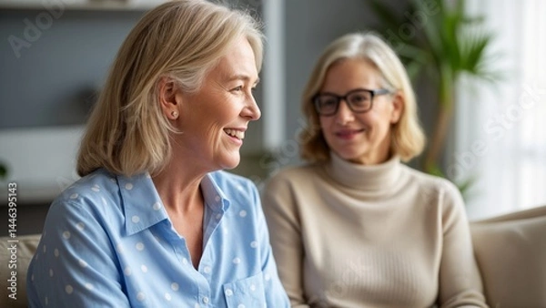 Obraz two older women sitting on a couch looking at each other