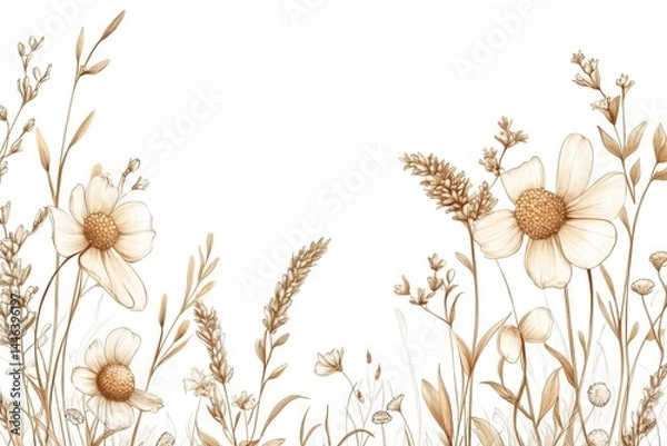 Obraz Elegant Floral Illustration with Delicate Flowers and Grasses in Beige