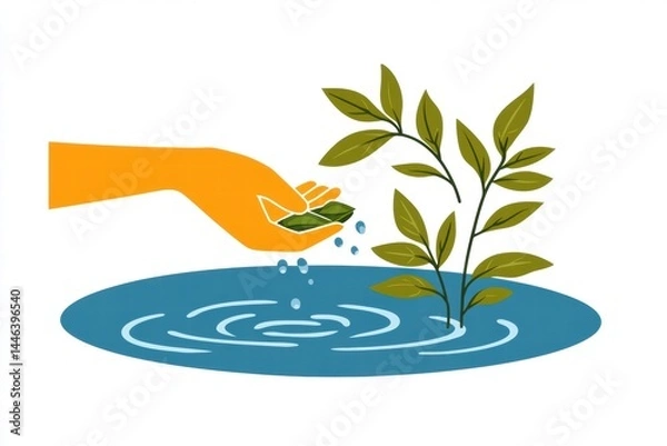Obraz Hand Nurturing a Young Plant in Water Symbolizing Growth and Care