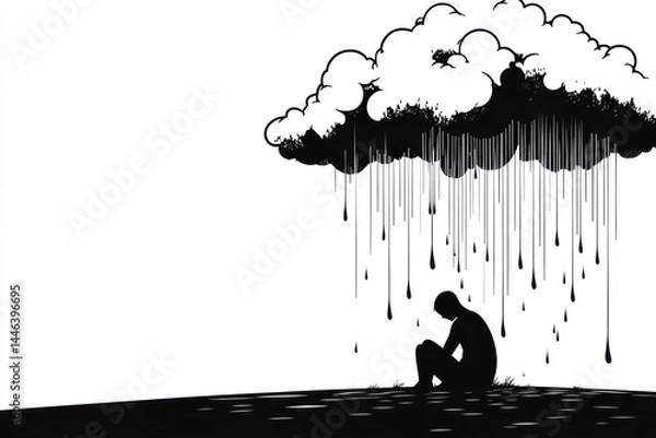 Obraz Lonely figure sitting under a rain cloud with dark colors and shadows