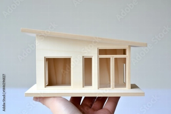 Fototapeta Minimalist Wooden Model House with Large Windows and Clean Lines