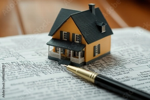 Obraz Model house on paperwork representing real estate transactions process