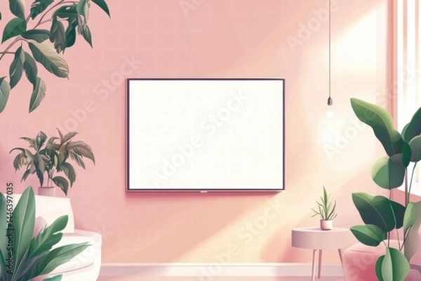 Obraz Modern Living Room Design with TV, Plants, and Soft Pink Walls