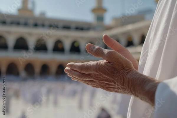 Obraz Person with hands raised in prayer at a holy site during pilgrimage