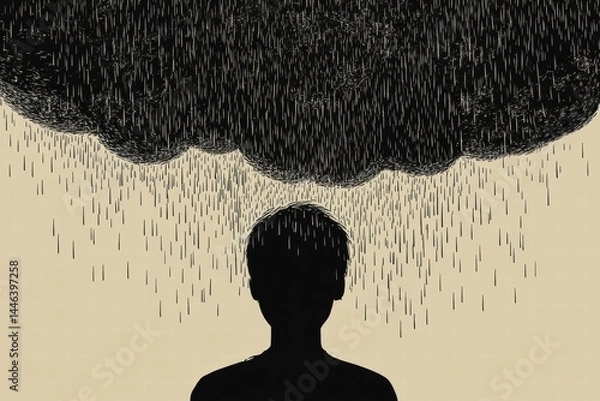 Obraz Silhouette of a Person with Rain Cloud Symbolizing Emotional Turmoil