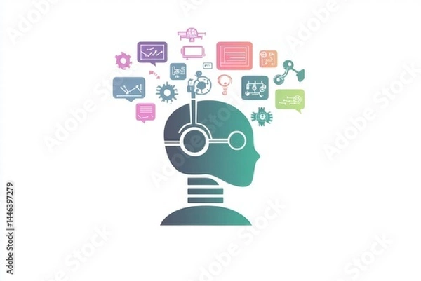 Obraz Silhouette of Robot Head with Technology Icons and Data Graphics
