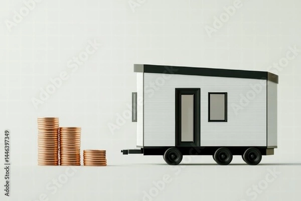 Obraz Tiny Home on Wheels Next to Stacked Coins Representing Savings