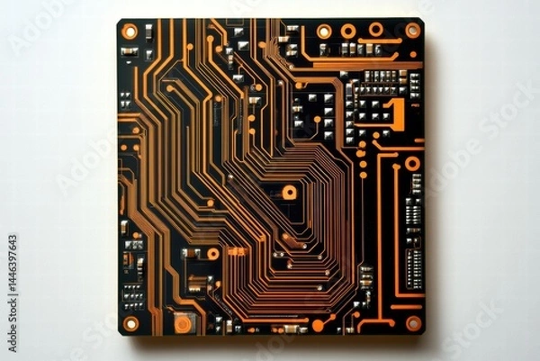 Fototapeta Abstract Circuit Board Close-Up with Orange and Black Design