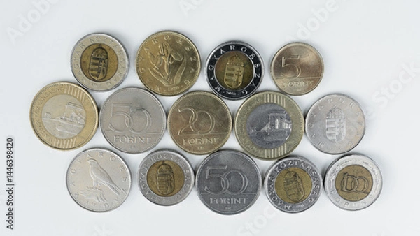 Obraz A variety of Hungarian forint coins isolated on a white background. For illustrating currency, finance, or economic concepts related to Hungary.