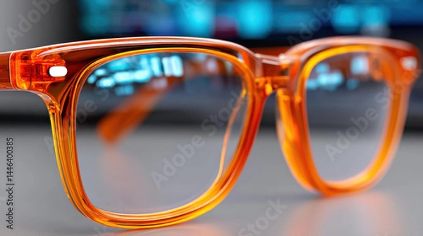 Fototapeta Futuristic orangetinted glasses reflect a glowing tech screen, embodying the essence of cybersecurity innovation.