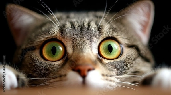 Obraz A cute tabby cat shows surprise and curiosity in this charming closeup shot, caught in a playful moment indoors.