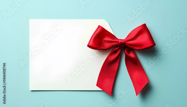 Fototapeta Blank gift card with red bow on light blue background, top view. Space for text