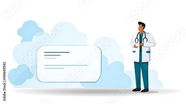 Fototapeta Professional physician standing behind big speech bubble for medical consultation