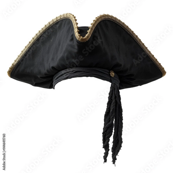 Fototapeta Black triangle pirate hat isolated on white background - tricorn cap