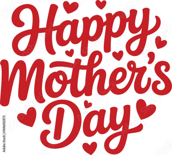 Fototapeta Happy Mother's Day Cursive Typography with Red Hearts on Light Pink Background – Handwritten Holiday Greeting Design