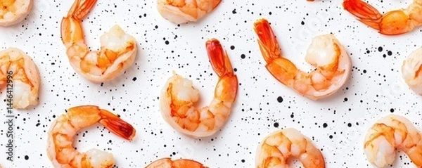 Fototapeta Cooked shrimp arranged in a pattern on a white, speckled background, creating a visually appealing seafood display.