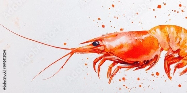 Fototapeta Vibrant watercolor illustration of a shrimp with splashes of orange and red on a white background.