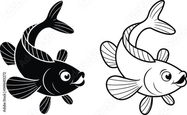 Fototapeta Stylized Black and White Jumping Fish Illustration – Dual Variation Minimalist Design with Happy Expression