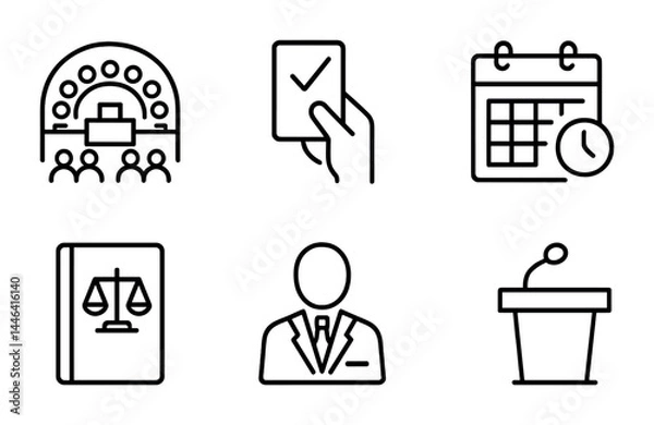 Fototapeta Elections and governance outline icons set – linear style democracy, voting, and politics symbols for civic engagement: ballot, calendar, law book, speaker, podium, assembly.
