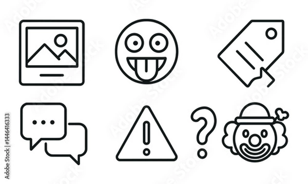 Fototapeta Social media and communication linear icons set – outline style for digital interaction and online networking: emoji, chat bubbles, notification, question mark, tag, clown