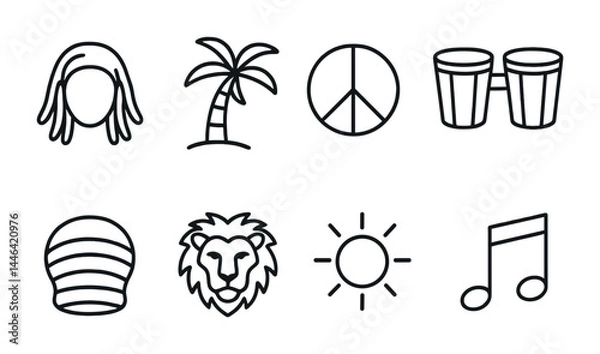 Fototapeta Reggae culture outline icon set – linear style music, caribbean, and vibes symbols: dreadlocks, palm tree, peace sign, bongos, rastacap, lion, sun, music note.