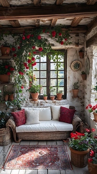 Fototapeta Cozy reading nook with flower view high resolution photo