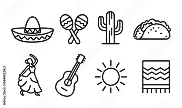 Fototapeta Mexican culture outline icons set – linear style for heritage, tradition, and celebration themes: sombrero, maracas, cactus, taco, flamenco dancer, guitar, sun, blanket.