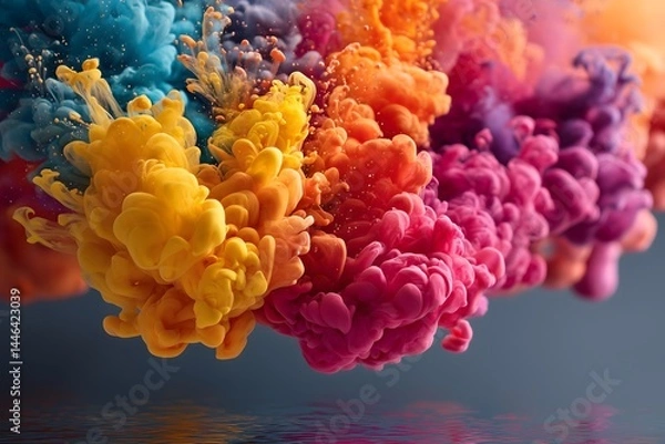 Fototapeta Colorful ink clouds in water, vibrant color background, soft focus, close-up, macro photography, rainbow colors, colorful abstract painting, high resolution, detailed texture, bright. 