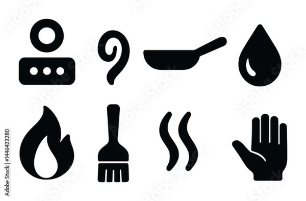 Fototapeta Cooking and kitchen tools solid icons set – silhouette style culinary, chef, and food preparation symbols: chef hat, frying pan, drop, flame, brush, steam, hand.