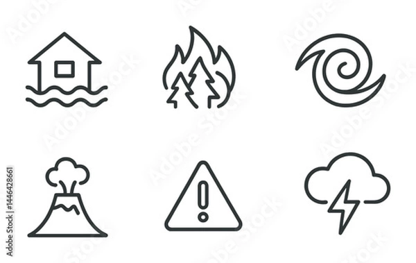 Fototapeta Natural disaster outline icons – linear emergency, weather, and hazard symbols for safety planning: flood, wildfire, hurricane, volcano, warning, thunderstorm.