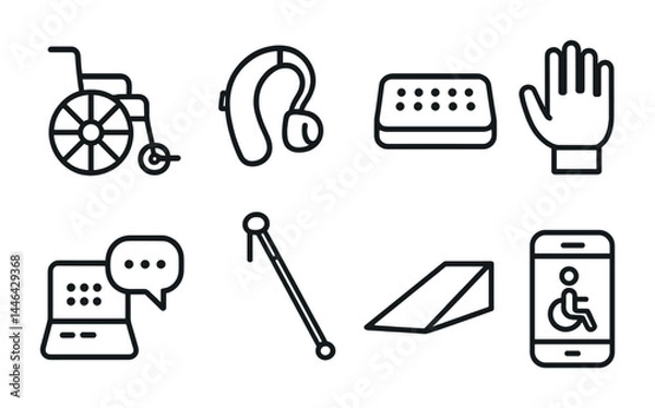 Fototapeta Accessibility icon set – outline style disability tools, assistive technology, and inclusion symbols for universal design: wheelchair, hearing aid, braille, cane, ramp, communication device.