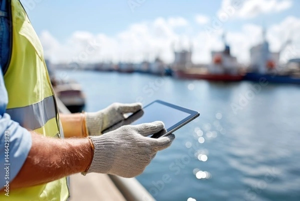 Obraz Dock worker using tablet near harbor with ships.