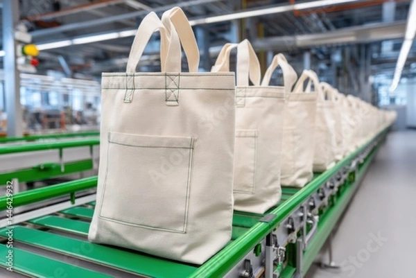 Obraz White tote bags with pockets on a conveyor belt, mass production of reusable shopping bags in a factory.