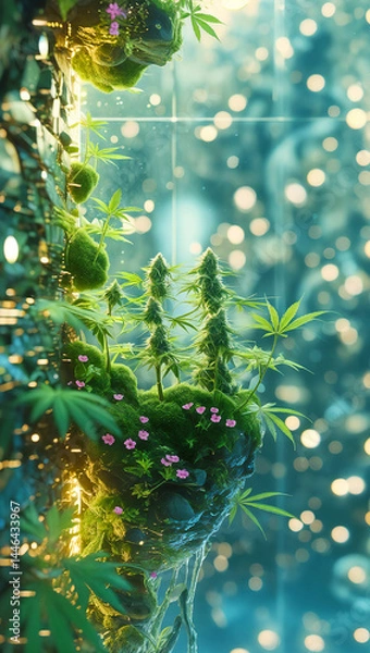 Obraz Botanical Ascent: Vertical cultivation of cannabis, moss, and pink blossoms on futuristic facade evokes ethereal organic splendor.