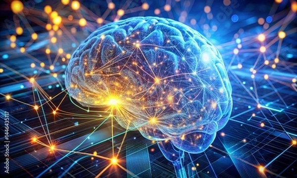 Fototapeta 3D illustration of AI brain network glowing with circuits and data streams