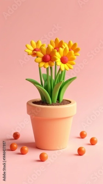 Fototapeta A clay pot with a bunch of yellow flowers in it.