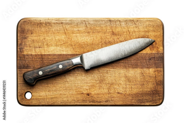 Fototapeta Sharp chef s knife on rustic wooden cutting board ideal for cooking kitchen tools culinary food prep