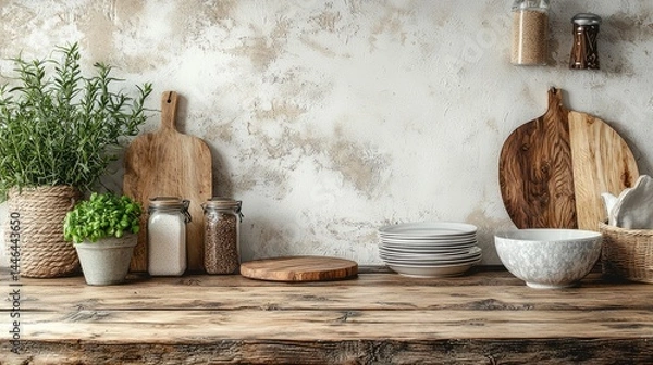 Fototapeta Rustic Kitchen Table with Fresh Herbs and Elegant Dinnerware Display