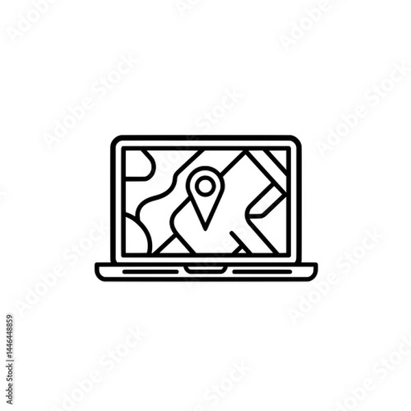 Fototapeta Laptop displaying digital map interface with location pin icon for GPS or navigation purposes
