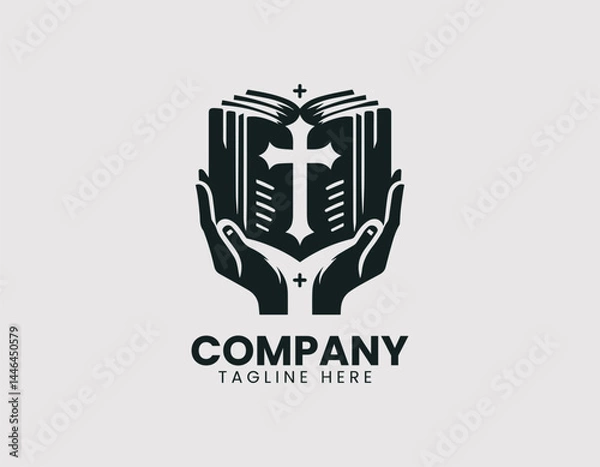 Obraz Reverent Hands Holding Open Bible with Cross Vector Logo Design