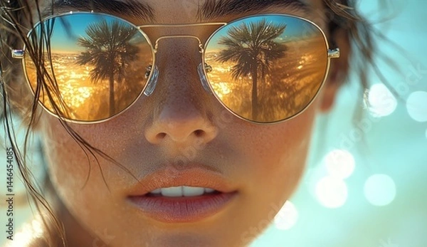 Obraz Close-up of woman wearing sunglasses reflecting a palm tree