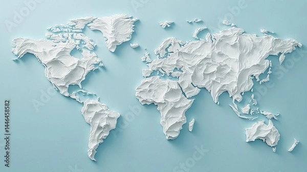 Fototapeta Three-Dimensional Relief Map of the World on Soft Blue Background