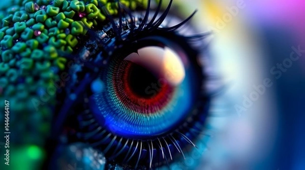 Obraz A mesmerizing close-up of a vibrant, biomechanical eye, showcasing intricate details and a captivating blend of teal, blue, red, and green hues. 