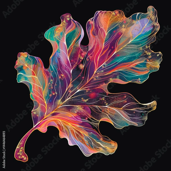 Obraz 3d colorful oak leaf with glowing veins and watercolor texture, isolated on black background. Artistic botanical vector pattern illustration in vivid fantasy style.
