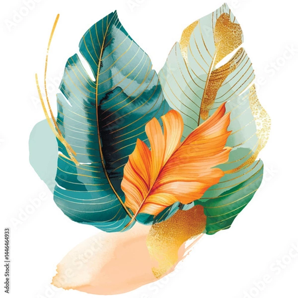 Obraz Tropical watercolor composition with banana and palm leaves in green, gold and orange tones. Elegant botanical isolated design on white background. Luxury leafy vector pattern arrangement illustration