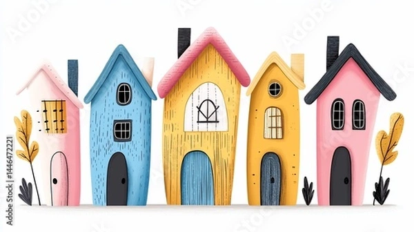 Obraz Cartoonish line of charming, colorful houses stand side-by-side against a white backdrop