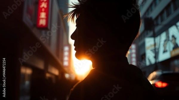 Obraz Silhouetted person at sunset, urban background, warm colors, contemplative mood, realistic photo.
