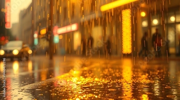 Obraz Rainy city street at night, warm light reflections on wet asphalt, blurred background, golden hour, urban scene, bokeh, raindrops.