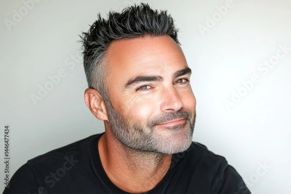 Fototapeta Elegant men's high fade haircut - midlife white man with black hair. A happy and confident gentleman enjoying his photo session. Pure white solid background. Idea of style for aging men.