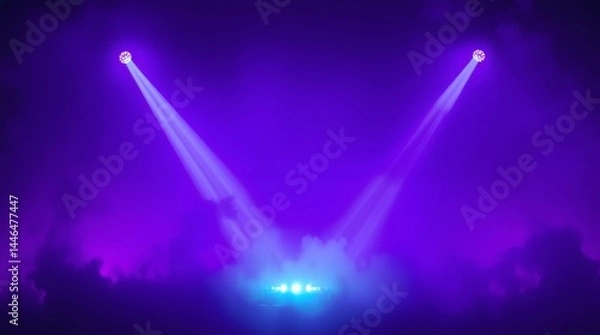 Obraz Purple Stage Lights Background with Fog and Spotlights. Dramatic Lighting Effect for Concert, Show, or Event.